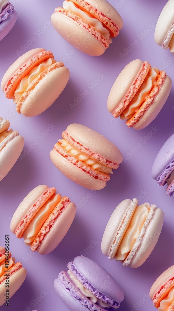 Obraz premium Bright flatlay of colorful macarons on a vibrant background.