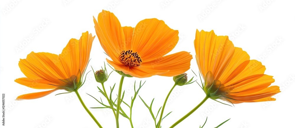 Fototapeta premium Vibrant orange cosmos flowers with delicate green stems arranged in a triangular formation against a clean white background