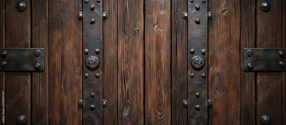 Rustic wooden door texture featuring dark brown tones with metallic hinges and studs centered in the image ideal for backgrounds or design elements Rustic wooden door texture featuring dark brown tones with metallic hinges and studs centered in the image ideal for backgrounds or design elements