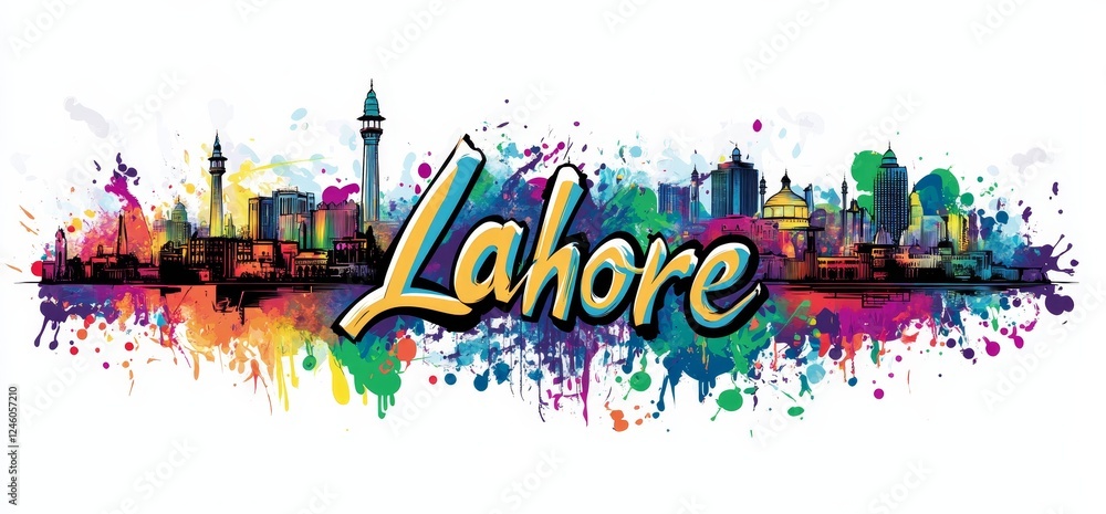 Obraz premium Colorful artistic representation of Lahore showcasing iconic landmarks and vibrant culture in a lively cityscape