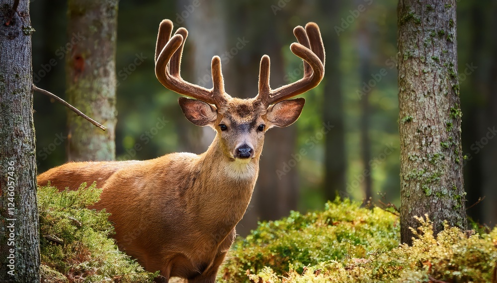 Majestic Two Point Buck with Velvet Antlers in Forest Dusk, Showcasing Autumns Rich Palette and Natures Tranquility Majestic Two Point Buck with Velvet Antlers in Forest Dusk, Showcasing Autumns Rich Palette and Natures Tranquility