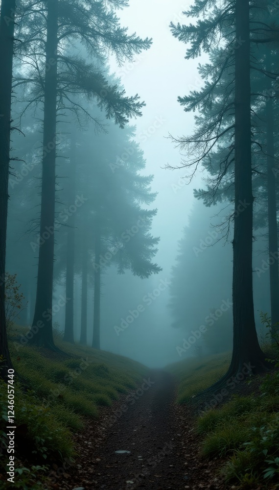 Trees covered with fog and mist in the forest landscape, mist, clouds, calm Trees covered with fog and mist in the forest landscape, mist, clouds, calm