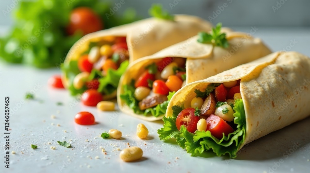 A trio of appetizing wraps filled with vibrant vegetables and legumes, artfully arranged on a light surface, showcasing a healthy and flavorful meal A trio of appetizing wraps filled with vibrant vegetables and legumes, artfully arranged on a light surface, showcasing a healthy and flavorful meal