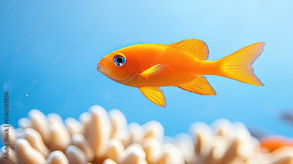Vibrant orange fish swimming gracefully above coral reef in clear blue ocean water Vibrant orange fish swimming gracefully above coral reef in clear blue ocean water