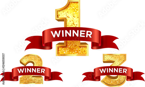 Glittering winner awards with red ribbons