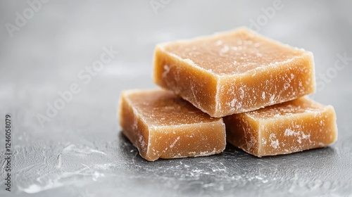 Three caramel candies on gray surface. Food blog or recipe use photo