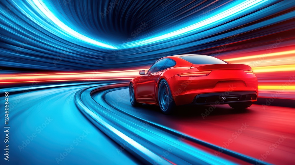 Futuristic Red Sports Car in Motion with Neon Light Trails Futuristic Red Sports Car in Motion with Neon Light Trails