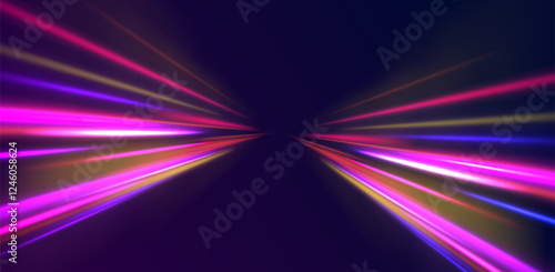 Creative vector illustration of flying cosmic meteor, planetoid, comet, fireball isolated on transparent background. Effect, png, wave,neon,line. Light arc in neon colors, in the form of a turn. 