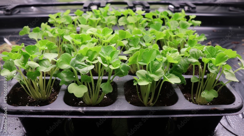 Lush green seedlings thriving in a seed tray, showcasing growth and vitality in a nurturing environment Lush green seedlings thriving in a seed tray, showcasing growth and vitality in a nurturing environment
