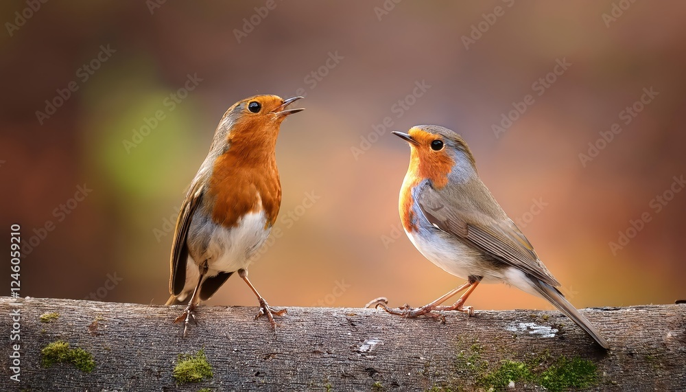 Peaceful Moment Two Robins Harmonizing in a Blurred Brown Woodland, Amidst Dappled Light and Soft Moody Tones. Peaceful Moment Two Robins Harmonizing in a Blurred Brown Woodland, Amidst Dappled Light and Soft Moody Tones.