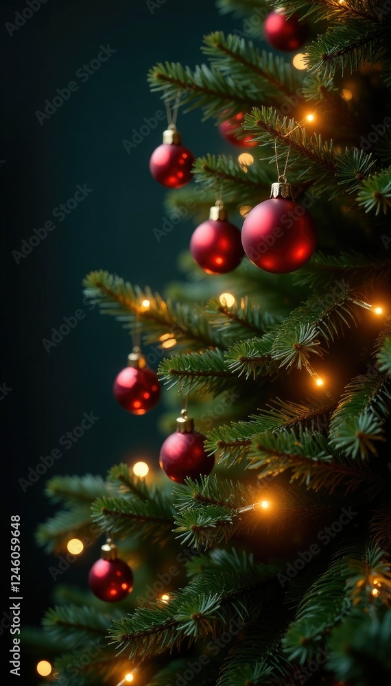 Twinkling Christmas lights wrapped around a dark red fir tree with pine branches and ornaments hanging from above, festive, evergreen, sparkling Twinkling Christmas lights wrapped around a dark red fir tree with pine branches and ornaments hanging from above, festive, evergreen, sparkling