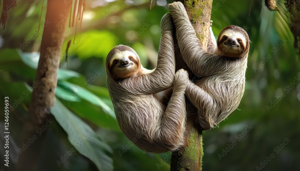 Naklejka premium Enchanting Duo of Sloths Nestled in Lush Costa Rican Rainforest Canopy at Sunset, Capturing Tranquil Moment Amidst Vibrant Greenery and Warm Hues