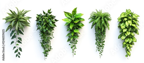 Zigzagging climbing plants in various green shades displayed against a white background create a vibrant and stylish nature-inspired design element. photo