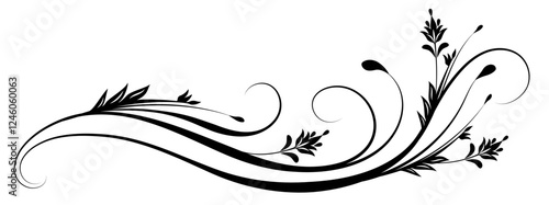Floral ornament with leaves and abstract wave lines. Graceful element for decor and greeting or invitation card design