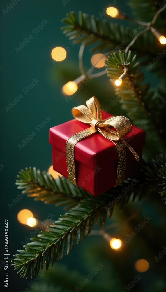Twinkling lights adorn the branch with a red present and golden bow, golden ribbon, holiday decoration, twinkling lights Twinkling lights adorn the branch with a red present and golden bow, golden ribbon, holiday decoration, twinkling lights