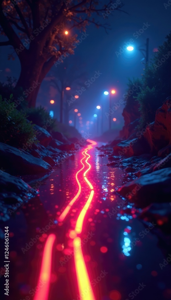 Twinkling lights tracing an otherworldly route, neon, ambient Twinkling lights tracing an otherworldly route, neon, ambient