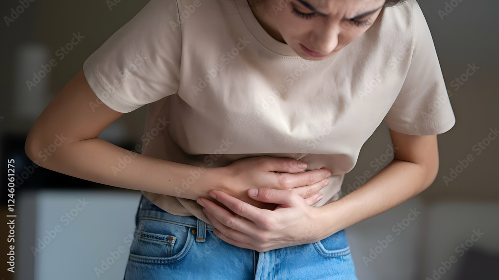 Woman Experiencing Stomach Pain, Representing Digestive Issues and Gut Health Concerns, AI Generated Woman Experiencing Stomach Pain, Representing Digestive Issues and Gut Health Concerns, AI Generated