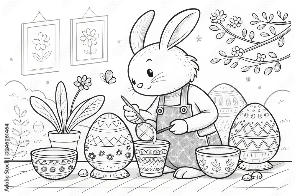Easter Theme, A rabbit painting decorative eggs in a cozy indoor setting. outline for coloring. Easter Theme, A rabbit painting decorative eggs in a cozy indoor setting. outline for coloring.