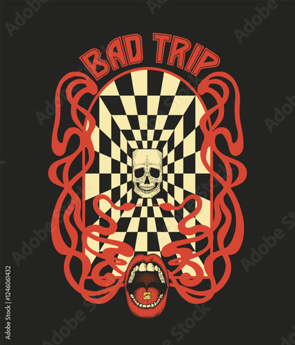 skull with snakes , open mouse, psychedelic illustration, t-shirt print, poster, optical illusion, BAD TRIP