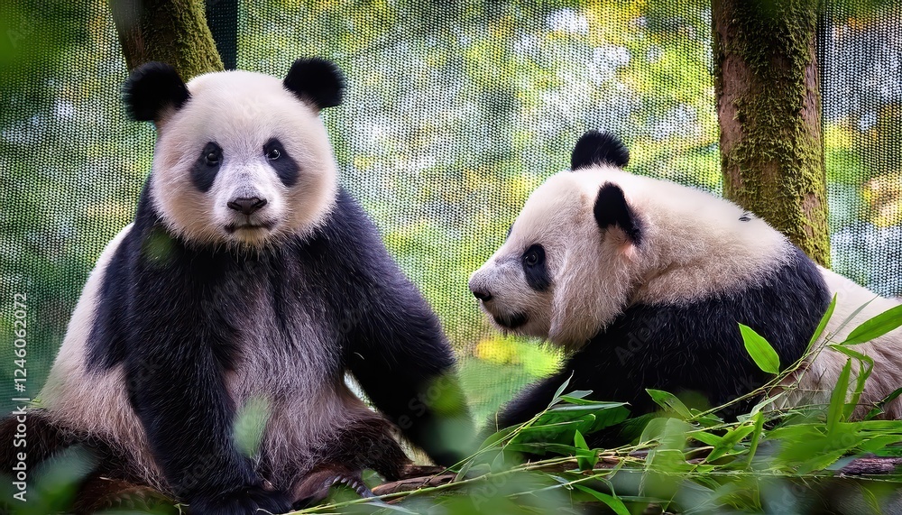 Fototapeta premium Playful and Cuddly Two Years Old Giant Pandas Frolicking in the Chengdu Forest Reserve at Dawn, Showcasing the Soft White Fur, Endearing Black Patches, and Adorable Personalities of these