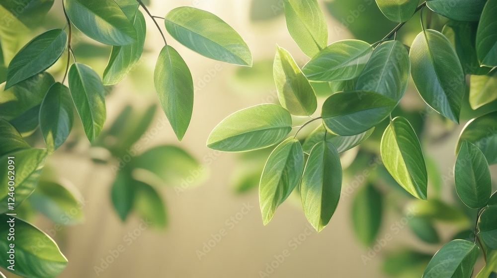 Fototapeta premium Lush green leaves against a neutral backdrop. Vibrant tropical foliage.