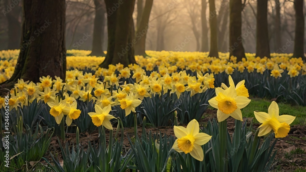 Obraz premium Daffodil Dream: A breathtaking field of daffodils blossoms under the soft glow of morning light, nestled amongst ancient trees in a misty forest. The scene evokes a sense of serenity and wonder.