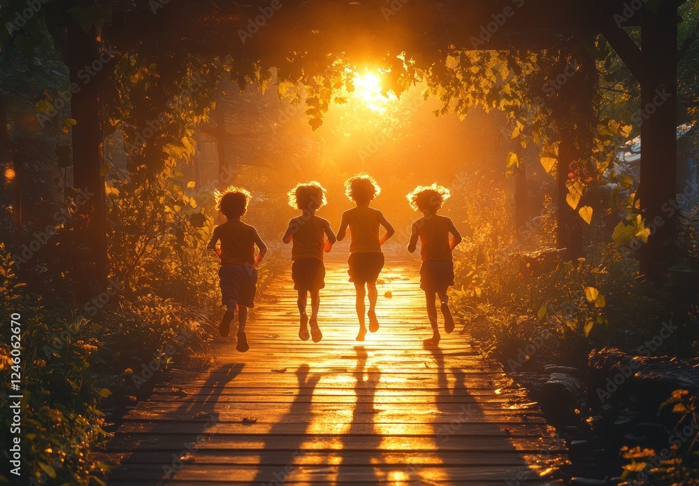 Fototapeta premium children playing outside friends happy summer lifestyle joy meadow park kids running