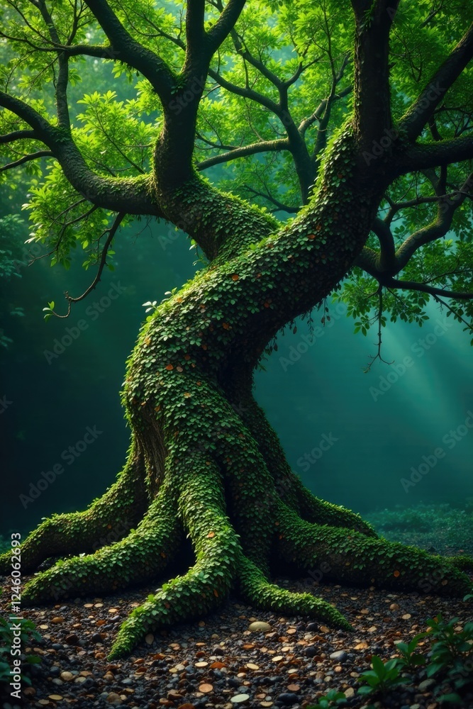 Twisted roots and branches of an ancient tree, foliage, overgrown vegetation, dark green gradient Twisted roots and branches of an ancient tree, foliage, overgrown vegetation, dark green gradient