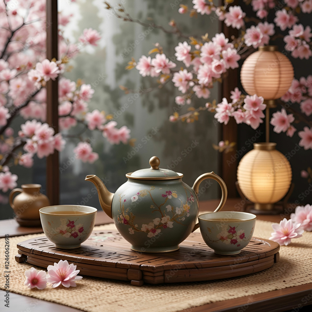 Fototapeta premium Teapot with some cups on a table with cherry blossoms in the background.