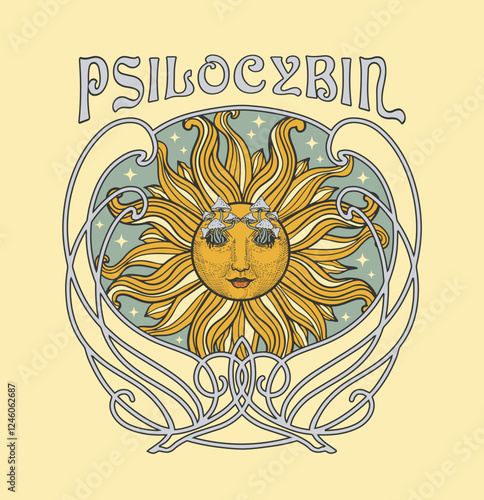 sun with mushrooms instead of eyes, psychedelic print on a t-shirt in the style of the 70s, psilocybin