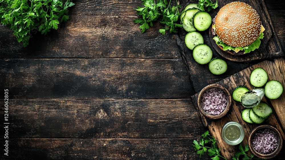 Rustic wooden table burger ingredients prep Rustic wooden table burger ingredients prep