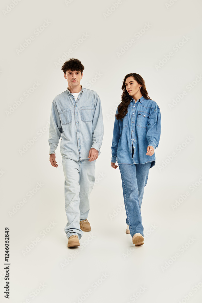 Stylish young couple walking together in matching denim outfits at a minimalist studio Stylish young couple walking together in matching denim outfits at a minimalist studio