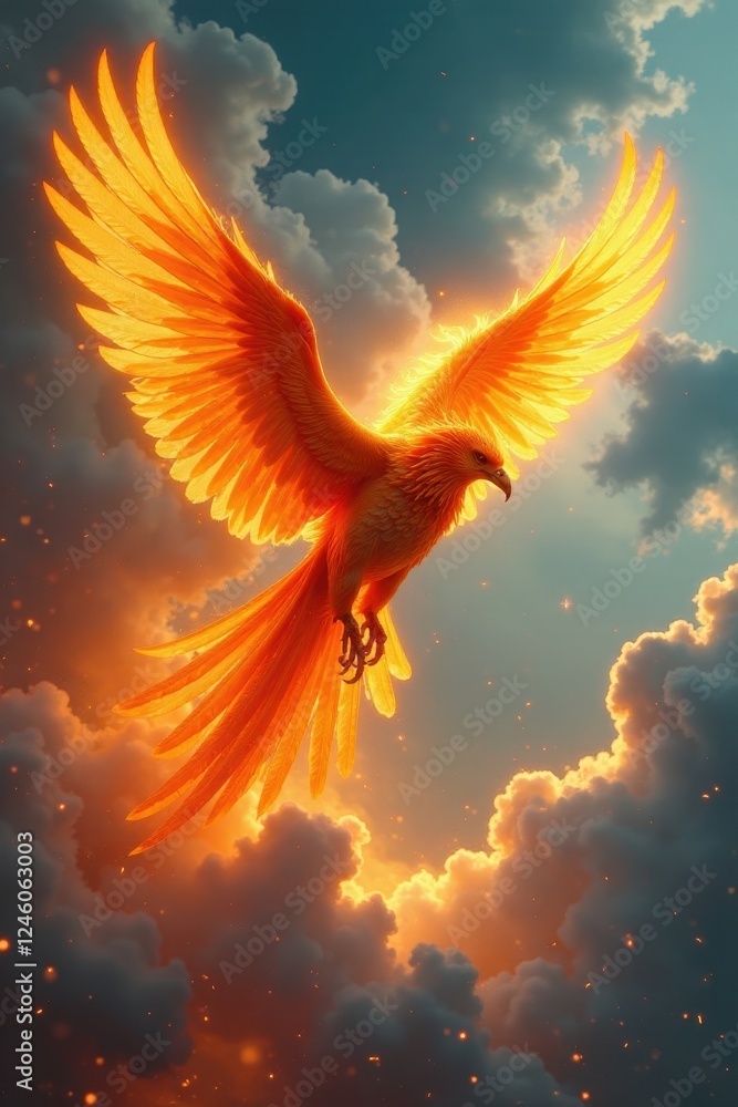 A majestic fiery bird soars through a breathtaking sunset sky, its incandescent plumage ablaze with radiant light, a symbol of renewal and hope A majestic fiery bird soars through a breathtaking sunset sky, its incandescent plumage ablaze with radiant light, a symbol of renewal and hope