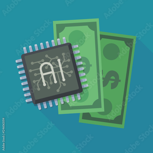Artificial intelligence processor above two green dollar bills in flat design style with long shadow on blue background