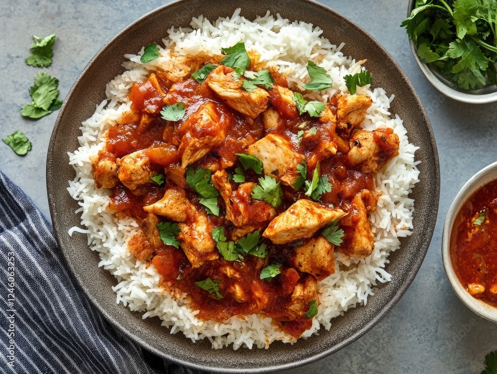 Delicious chicken curry with rice served in a dark bowl, garnished with fresh cilantro Delicious chicken curry with rice served in a dark bowl, garnished with fresh cilantro