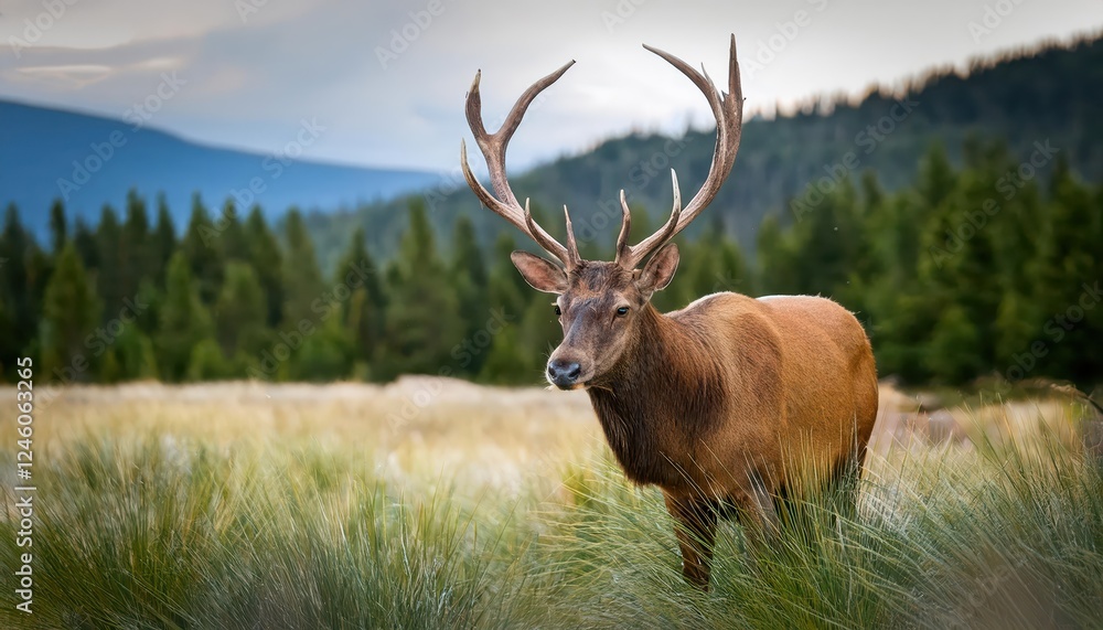 Striking Closeup of a Canadian Elk UapitWapit in its Winter Habitat, Showcasing Majestic Antlers and Powerful Presence Amidst Frosty Forest Backdrop Striking Closeup of a Canadian Elk UapitWapit in its Winter Habitat, Showcasing Majestic Antlers and Powerful Presence Amidst Frosty Forest Backdrop