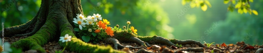 Fototapeta premium Twisted tree roots supporting flower clusters, greenery, nature