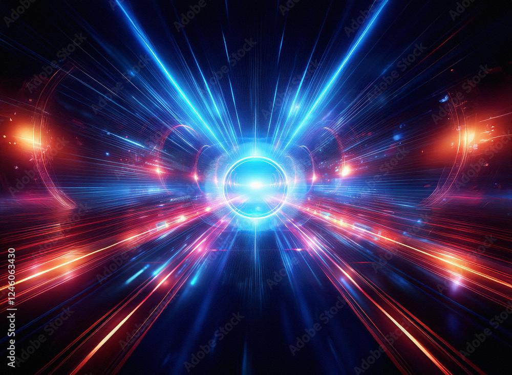 Obraz premium A vibrant blue energy core radiates light streaks across a black background, creating a futuristic, dynamic visual. The central circle glows intensely.