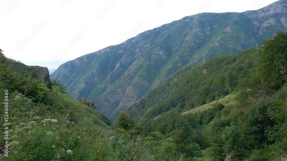 Mountain slopes in Stara Planina Mountain in Bulgaria. In the area of Rai Hut and Raisko Praskalo waterfall. Balkan. Mountain slopes in Stara Planina Mountain in Bulgaria. In the area of Rai Hut and Raisko Praskalo waterfall. Balkan.