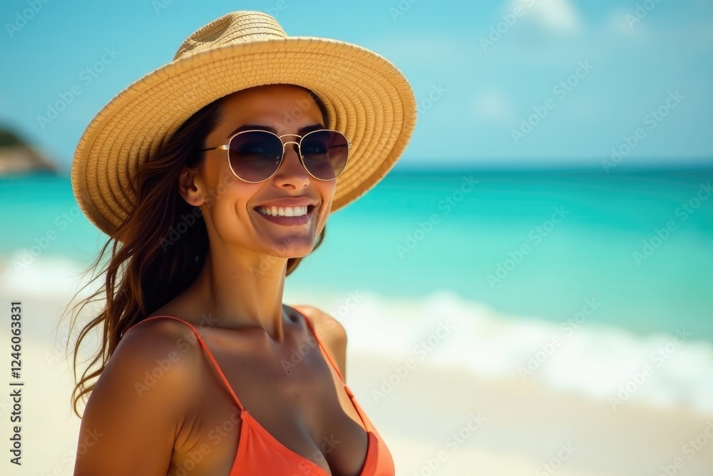Una mujer latina en la orilla del mar con sombrero y gafas de sol, playa, gafas de sol, tarde de verano Una mujer latina en la orilla del mar con sombrero y gafas de sol, playa, gafas de sol, tarde de verano