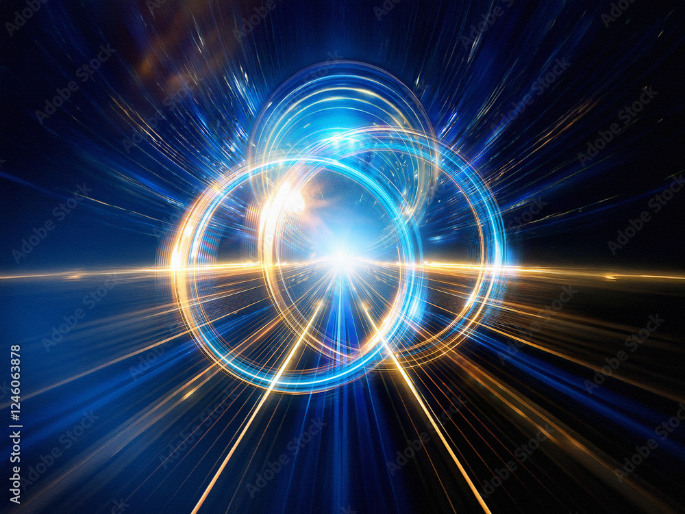 Fototapeta premium Intertwined luminous rings, one blue, one gold, glow brightly against a dark background. The light creates a radiant, almost ethereal effect.