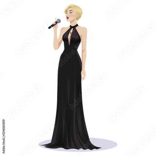 A stylish woman with short blonde hair in a black gown singing, holding a microphone on a white background. Concept of performance. Vector illustration.