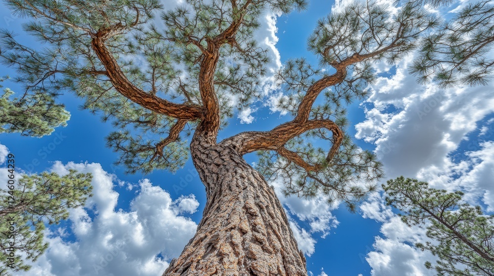 Obraz premium Majestic pine tree reaching towards a vibrant blue sky, adorned with fluffy white clouds. A breathtaking view from below.