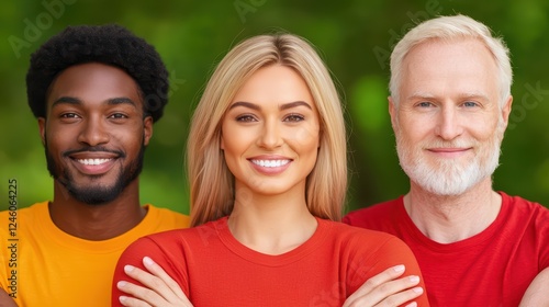 Diverse Group of Friends Smiling in Nature with Lush Green Background photo