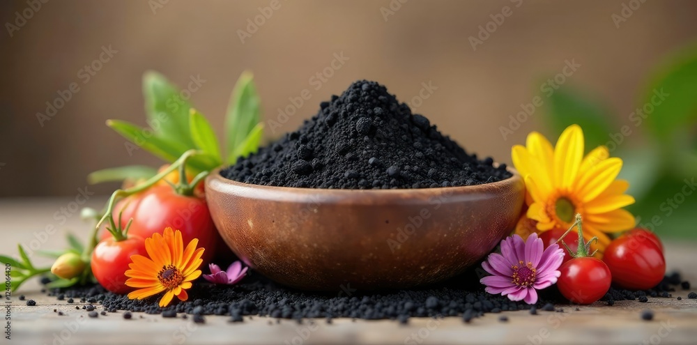 Un grupo de polvos negros en un jarr?n con flores silvestres, pollos, ara?as Un grupo de polvos negros en un jarr?n con flores silvestres, pollos, ara?as