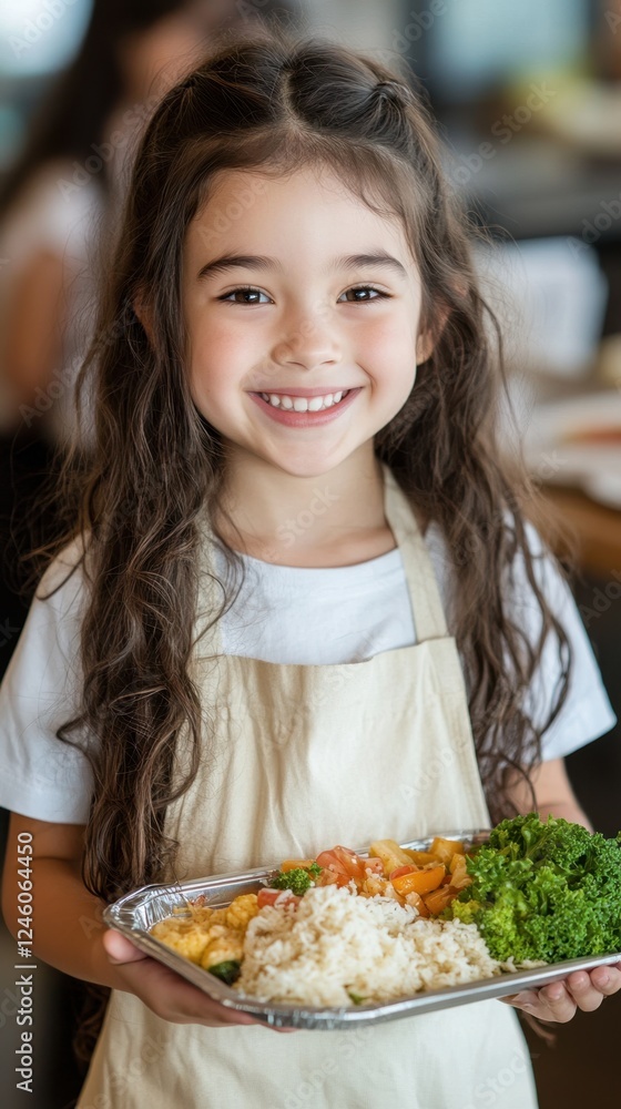 International School Meals Day Smiling hispanic child girl in apron holding healthy meal with vegetables International School Meals Day Smiling hispanic child girl in apron holding healthy meal with vegetables