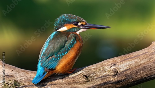 Vivid UK Wild Kingfisher Perched on Reeds, Basking in Sunsets Glow against Tranquil Water photo