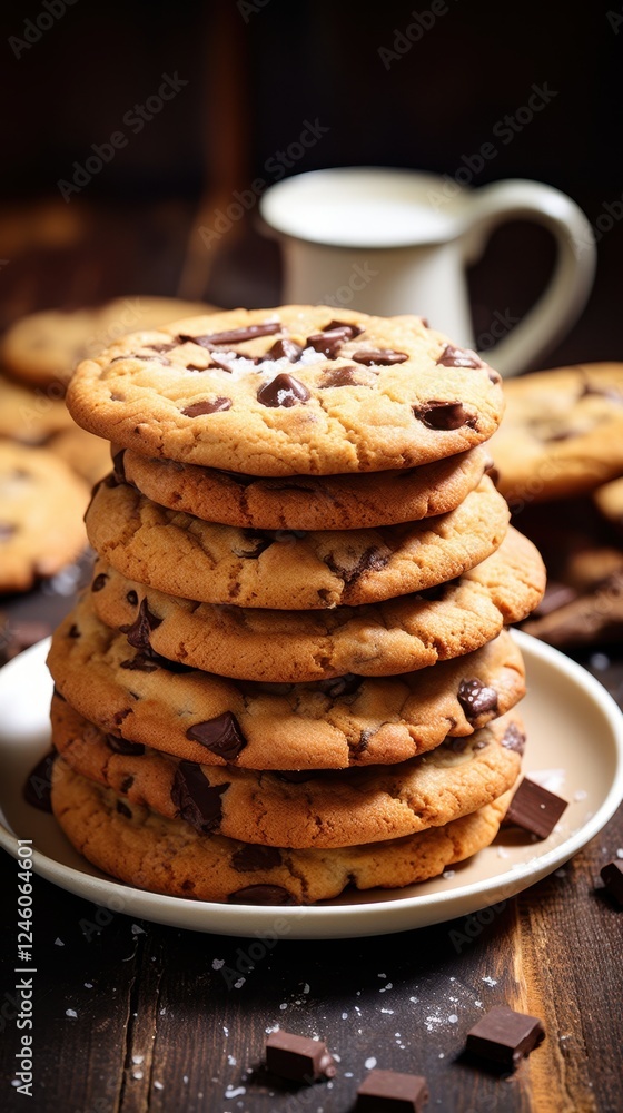 Towering stack of delicious chocolate chip cookies on a rustic plate National Parchment Day Towering stack of delicious chocolate chip cookies on a rustic plate National Parchment Day