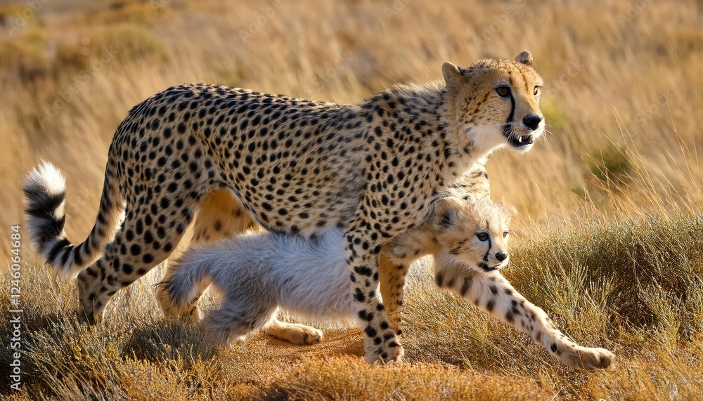 Stunning Closeup Moment Cheetah Mother Cradles Newborn Cub with Intense Grace, Navigating the African Savannah at Dawn in Ultra RealisticK UHD Stunning Closeup Moment Cheetah Mother Cradles Newborn Cub with Intense Grace, Navigating the African Savannah at Dawn in Ultra RealisticK UHD