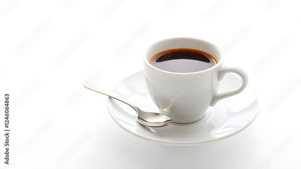 Cup of coffee, saucer and spoon in air on white background. Generative AI Cup of coffee, saucer and spoon in air on white background. Generative AI